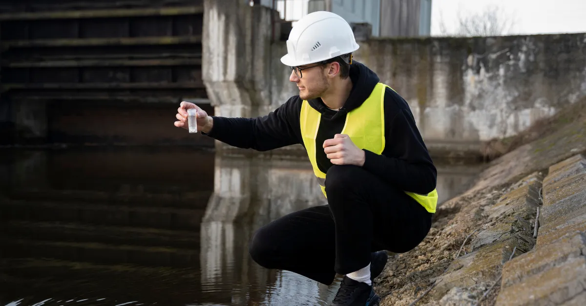 Engineer testing river water sample for labor cost to install water softener research analysis data.