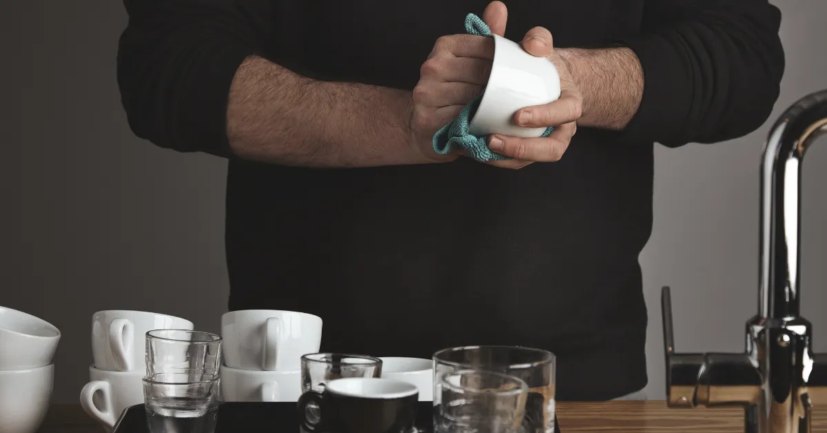 Person drying a white coffee cup with a cloth beside a kitchen sink and several clean cups and glasses on a counter.